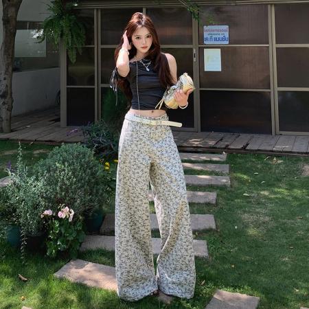 BY13948# 夏季新款碎花工艺休闲裤女宽松显瘦百搭直筒阔腿牛仔裤女  服裝批發女裝批發服飾貨源