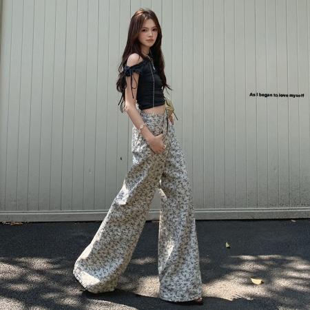 BY13948# 夏季新款碎花工艺休闲裤女宽松显瘦百搭直筒阔腿牛仔裤女  服裝批發女裝批發服飾貨源