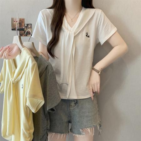 BY13950# 大码新款设计感假两件极简风修身百搭V领短袖上衣  服裝批發女裝批發服飾貨源