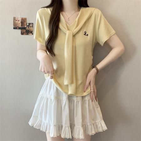 BY13950# 大码新款设计感假两件极简风修身百搭V领短袖上衣  服裝批發女裝批發服飾貨源