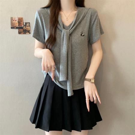 BY13950# 大码新款设计感假两件极简风修身百搭V领短袖上衣  服裝批發女裝批發服飾貨源