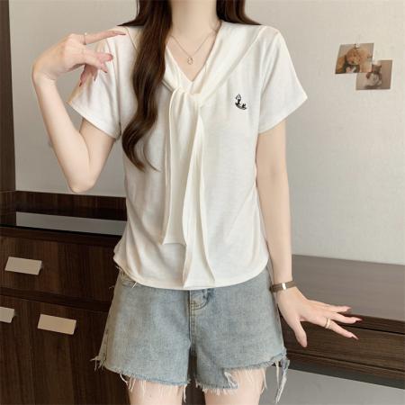 BY13950# 大码新款设计感假两件极简风修身百搭V领短袖上衣  服裝批發女裝批發服飾貨源