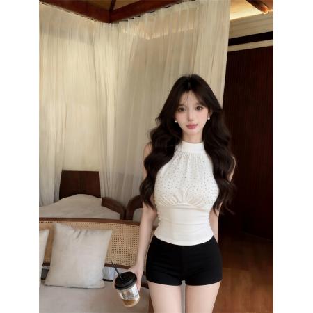 BY13958# 新款巨美辣妹带钻挂脖纯棉吊带背心女有胸垫  服裝批發女裝批發服飾貨源