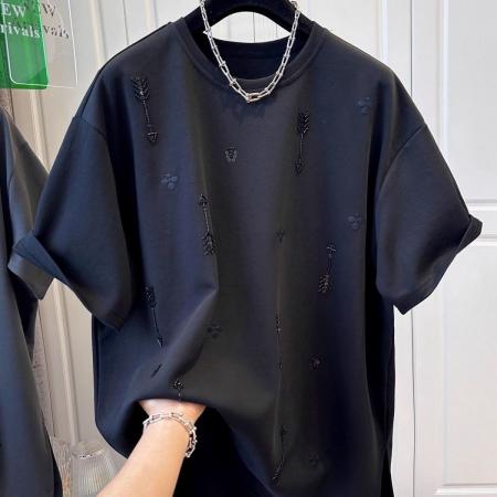 BY13960# 韩版300斤大码胖妹妹宽松刺绣烫钻T恤夏季新款休闲宽松上衣  服裝批發女裝批發服飾貨源