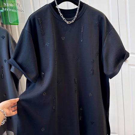 BY13960# 韩版300斤大码胖妹妹宽松刺绣烫钻T恤夏季新款休闲宽松上衣  服裝批發女裝批發服飾貨源