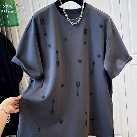 BY13960# 韩版300斤大码胖妹妹宽松刺绣烫钻T恤夏季新款休闲宽松上衣  服裝批發女裝批發服飾貨源