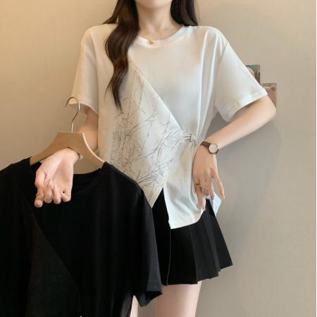 BY13961# 大码女装抽绳收腰t恤女短袖新款宽松不规则拼接设计感上衣  服裝批發女裝批發服飾貨源