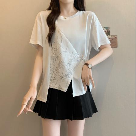 BY13961# 大码女装抽绳收腰t恤女短袖新款宽松不规则拼接设计感上衣  服裝批發女裝批發服飾貨源