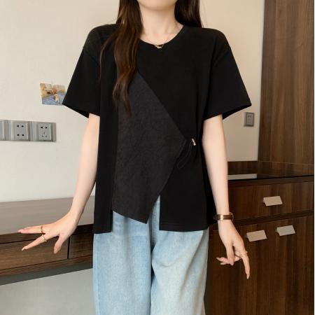 BY13961# 大码女装抽绳收腰t恤女短袖新款宽松不规则拼接设计感上衣  服裝批發女裝批發服飾貨源