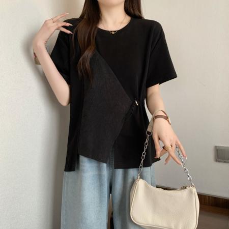 BY13961# 大码女装抽绳收腰t恤女短袖新款宽松不规则拼接设计感上衣  服裝批發女裝批發服飾貨源