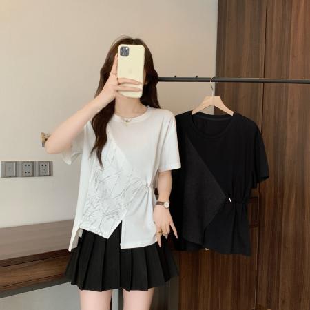 BY13961# 大码女装抽绳收腰t恤女短袖新款宽松不规则拼接设计感上衣  服裝批發女裝批發服飾貨源