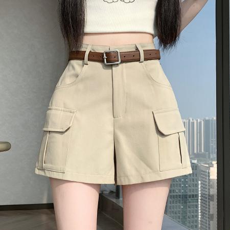 军旅风工装短裤女高腰显瘦阔腿裤通勤洗水棉A字短裤荷包设计  服裝批發女裝批發服飾貨源