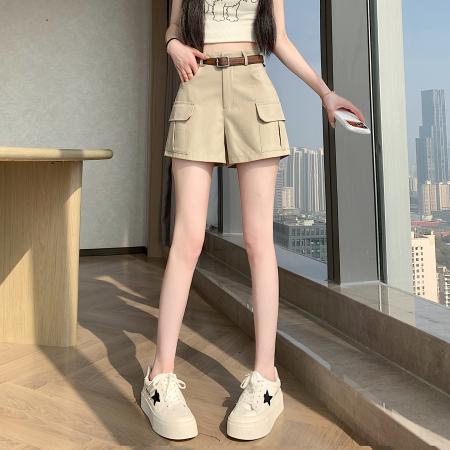 军旅风工装短裤女高腰显瘦阔腿裤通勤洗水棉A字短裤荷包设计  服裝批發女裝批發服飾貨源