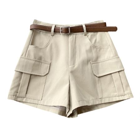 军旅风工装短裤女高腰显瘦阔腿裤通勤洗水棉A字短裤荷包设计  服裝批發女裝批發服飾貨源