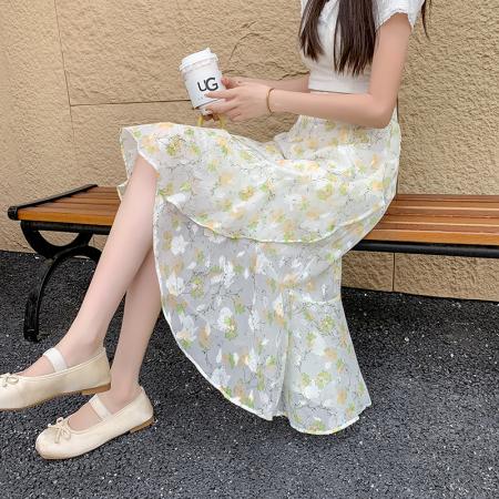 不规则碎花半身裙女高腰中长款雪纺裙橡筋腰鱼尾裙荷叶边裙子  服裝批發女裝批發服飾貨源