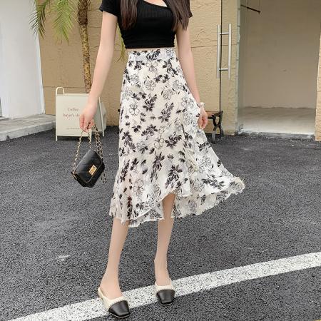 不规则碎花半身裙女高腰中长款雪纺裙橡筋腰鱼尾裙荷叶边裙子  服裝批發女裝批發服飾貨源