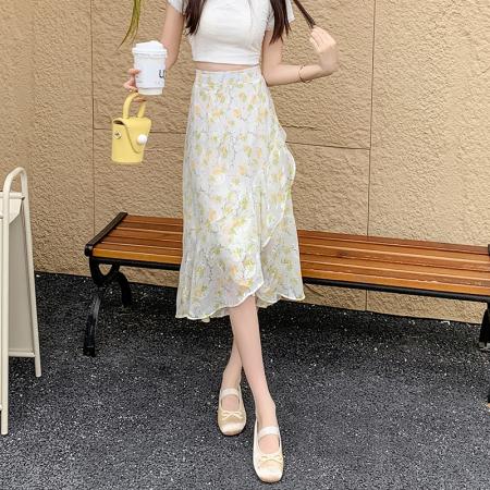 不规则碎花半身裙女高腰中长款雪纺裙橡筋腰鱼尾裙荷叶边裙子  服裝批發女裝批發服飾貨源