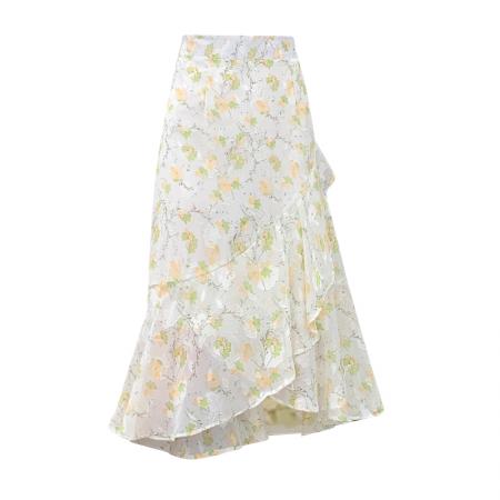 不规则碎花半身裙女高腰中长款雪纺裙橡筋腰鱼尾裙荷叶边裙子  服裝批發女裝批發服飾貨源