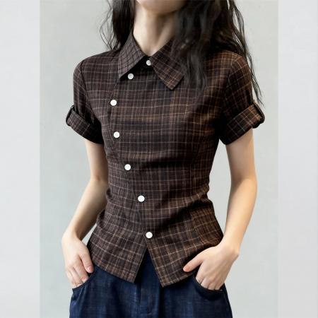 复古风咖色格纹设计感短袖显瘦修身上衣百搭设计感出街约会必备  服裝批發女裝批發服飾貨源