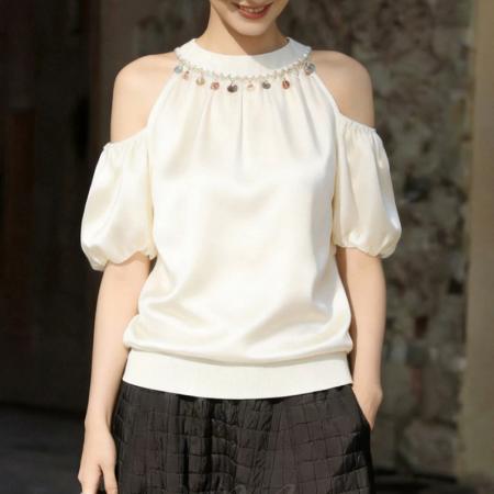 法式设计感气质短袖衬衫女夏季新款露肩衬衣减龄洋气白色上衣  服裝批發女裝批發服飾貨源