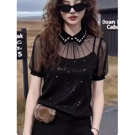 欧货高端定制黑色亮片大码上衣女夏季新款休闲风纱网拼接T恤  服裝批發女裝批發服飾貨源