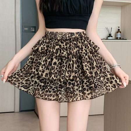 豹纹蛋糕半身裙女新款蓬蓬a字短款高腰辣妹小个子短裙子  服裝批發女裝批發服飾貨源