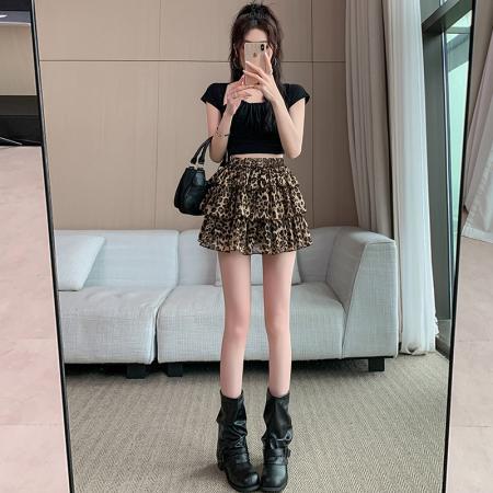 豹纹蛋糕半身裙女新款蓬蓬a字短款高腰辣妹小个子短裙子  服裝批發女裝批發服飾貨源