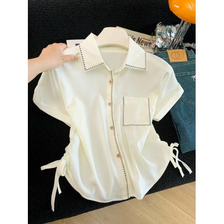 夏季新款简约休闲百搭双抽绳短袖衬衫女上衣宽松  服裝批發女裝批發服飾貨源