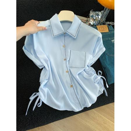 夏季新款简约休闲百搭双抽绳短袖衬衫女上衣宽松  服裝批發女裝批發服飾貨源