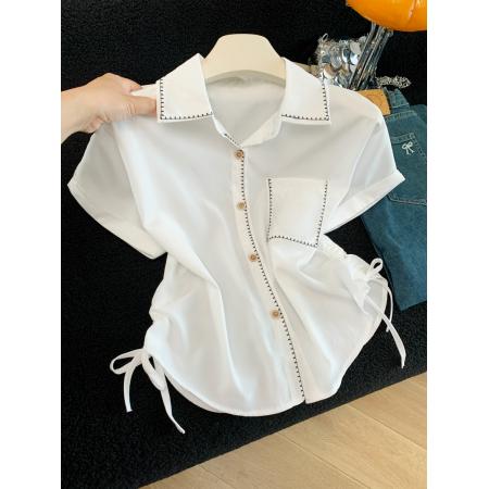夏季新款简约休闲百搭双抽绳短袖衬衫女上衣宽松  服裝批發女裝批發服飾貨源