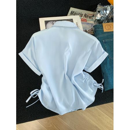夏季新款简约休闲百搭双抽绳短袖衬衫女上衣宽松  服裝批發女裝批發服飾貨源