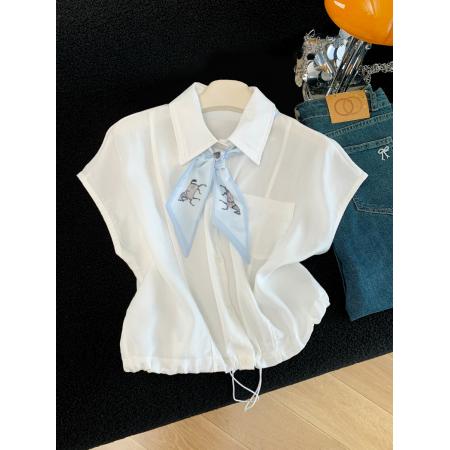 夏季新款韩版丝巾领带无袖衬衫女上衣设计感小众高端洋气  服裝批發女裝批發服飾貨源