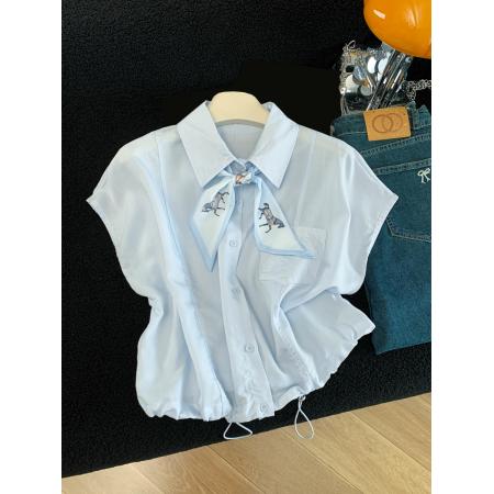 夏季新款韩版丝巾领带无袖衬衫女上衣设计感小众高端洋气  服裝批發女裝批發服飾貨源