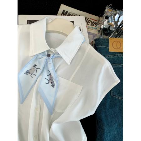 夏季新款韩版丝巾领带无袖衬衫女上衣设计感小众高端洋气  服裝批發女裝批發服飾貨源