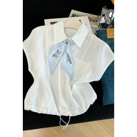 夏季新款韩版丝巾领带无袖衬衫女上衣设计感小众高端洋气  服裝批發女裝批發服飾貨源