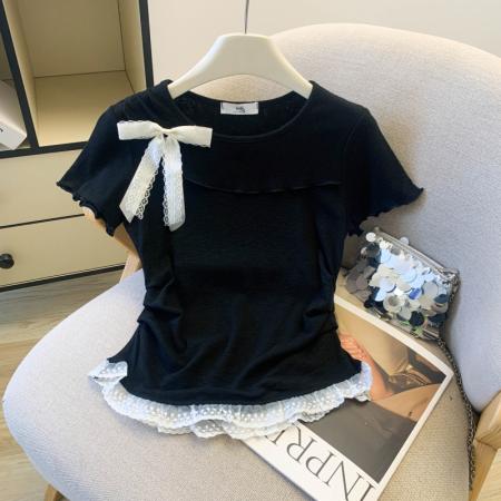 夏季新款洋气甜美时尚蝴蝶结收腰显瘦蕾丝花边短款T恤女上衣  服裝批發女裝批發服飾貨源