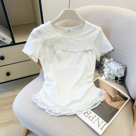 夏季新款洋气甜美时尚蝴蝶结收腰显瘦蕾丝花边短款T恤女上衣  服裝批發女裝批發服飾貨源