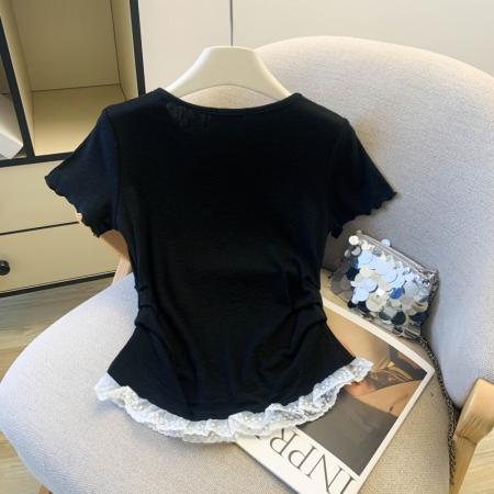 夏季新款洋气甜美时尚蝴蝶结收腰显瘦蕾丝花边短款T恤女上衣  服裝批發女裝批發服飾貨源