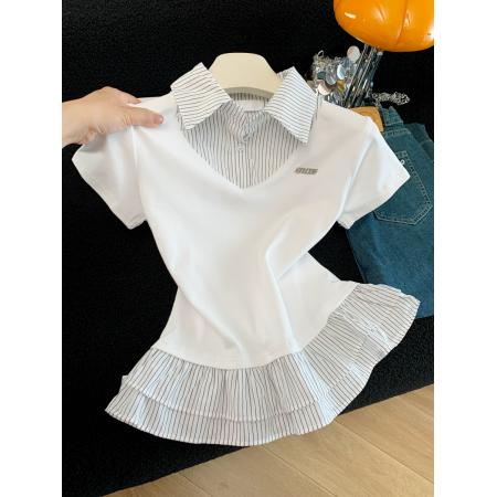 夏季新款韩版修身显瘦条纹拼接针织短袖T恤女上衣洋气百搭  服裝批發女裝批發服飾貨源
