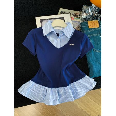 夏季新款韩版修身显瘦条纹拼接针织短袖T恤女上衣洋气百搭  服裝批發女裝批發服飾貨源