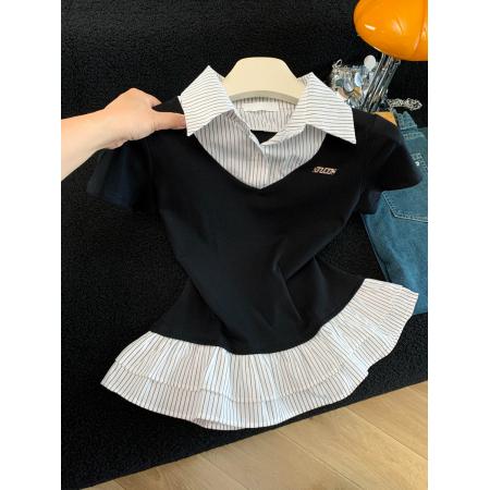 夏季新款韩版修身显瘦条纹拼接针织短袖T恤女上衣洋气百搭  服裝批發女裝批發服飾貨源