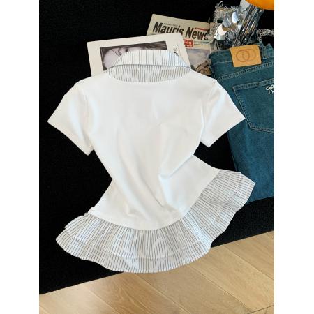 夏季新款韩版修身显瘦条纹拼接针织短袖T恤女上衣洋气百搭  服裝批發女裝批發服飾貨源