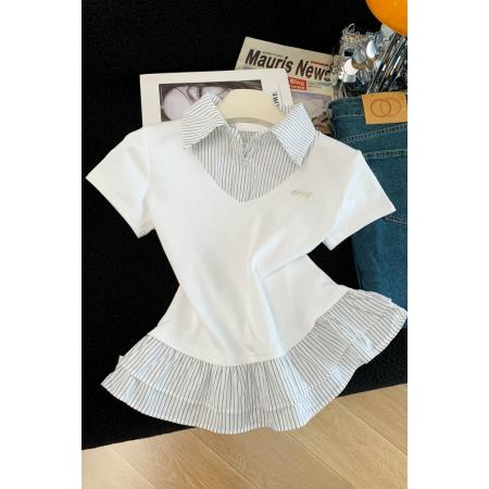 夏季新款韩版修身显瘦条纹拼接针织短袖T恤女上衣洋气百搭  服裝批發女裝批發服飾貨源