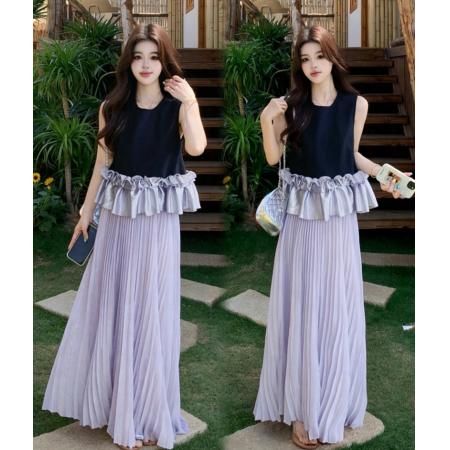 大码女装夏季新款法式荷叶边拼接无袖上衣+半身裙两件套  服裝批發女裝批發服飾貨源