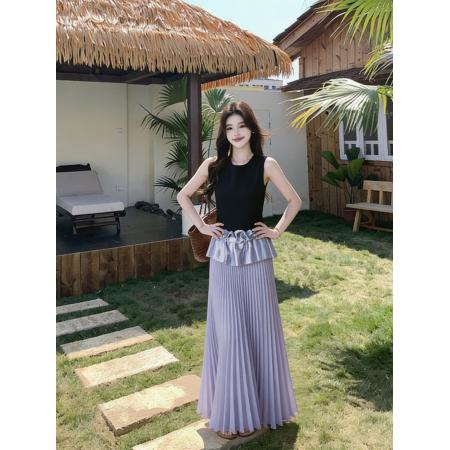 大码女装夏季新款法式荷叶边拼接无袖上衣+半身裙两件套  服裝批發女裝批發服飾貨源