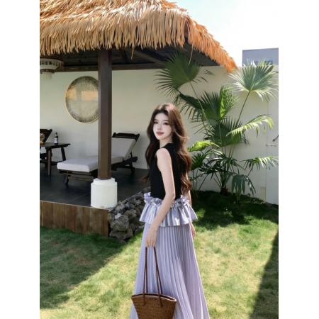 大码女装夏季新款法式荷叶边拼接无袖上衣+半身裙两件套  服裝批發女裝批發服飾貨源