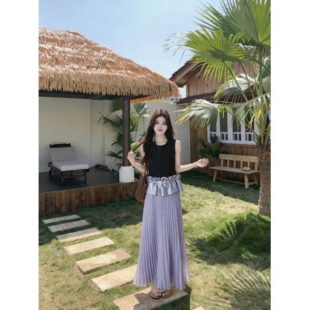 大码女装夏季新款法式荷叶边拼接无袖上衣+半身裙两件套  服裝批發女裝批發服飾貨源