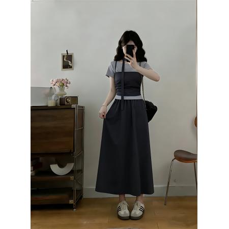 大码夏季新款胖MM设计感圆领短袖T恤小吊带半身裙三件套  服裝批發女裝批發服飾貨源