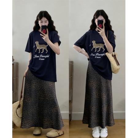 大码夏季新款高级感气质花豹印花T恤豹纹半身裙两件套  服裝批發女裝批發服飾貨源