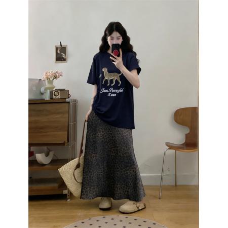 大码夏季新款高级感气质花豹印花T恤豹纹半身裙两件套  服裝批發女裝批發服飾貨源